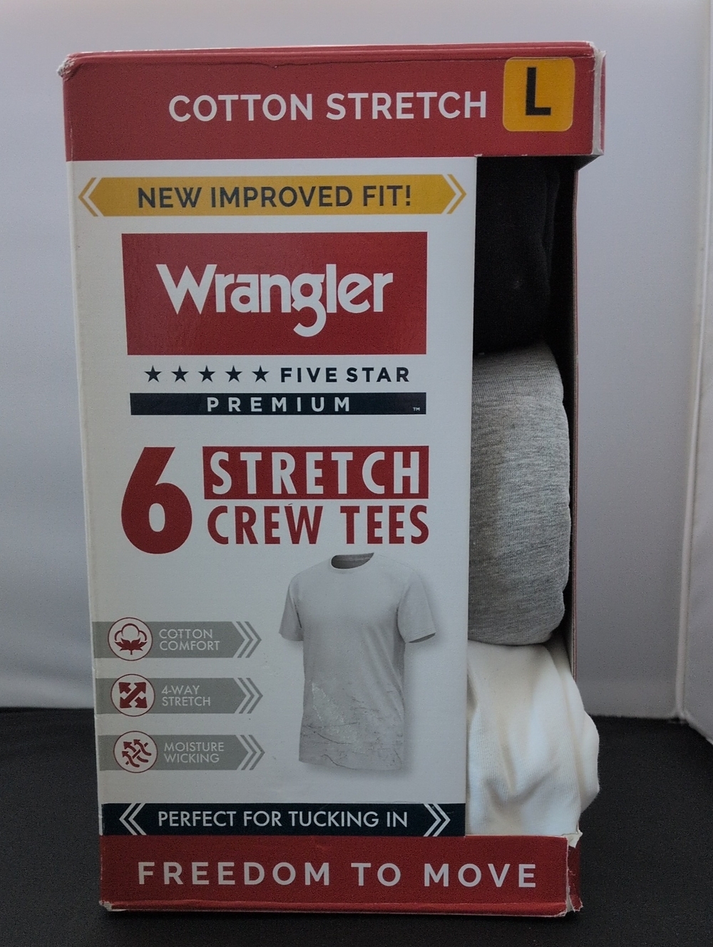 Wrangler 6-Pack Cotton Stretch Crew Tees - Black, Gray, White